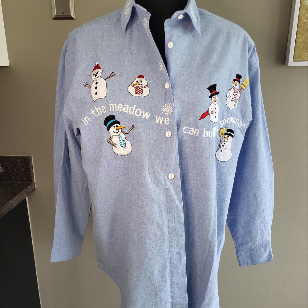 Vintage 90s Falls Creek M Christmas Shirt Snowman Embroidered Button Up